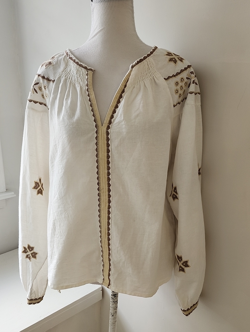 Calypso St. Barth embroidered peasant top Balloon Sleeves Cotton Linen Large
